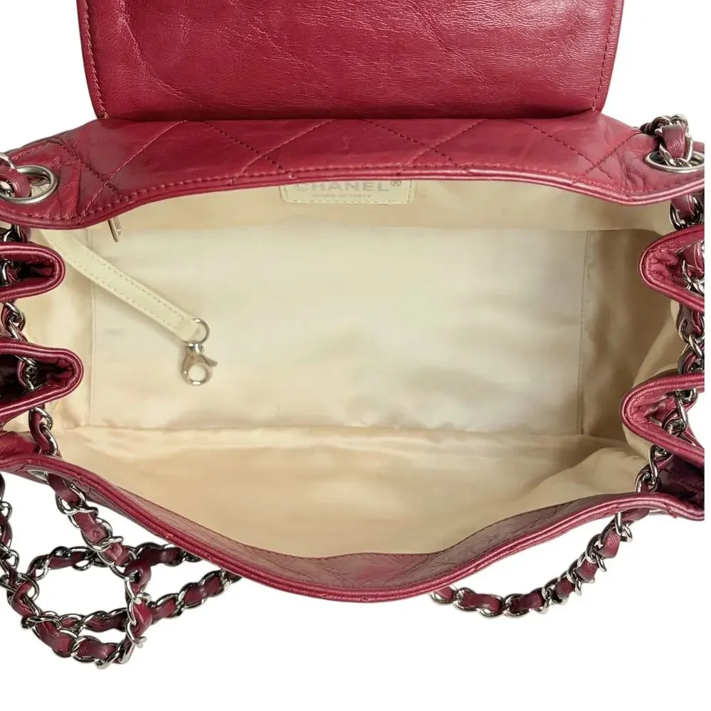 Chanel East West Accordion Flap Bag Red Caviar Leather Silver Hardware w/ COA